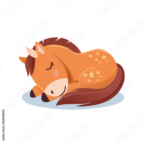 A cute cartoon illustration of a brown horse sleeping peacefully with its eyes closed.
