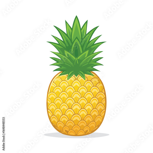 Detailed illustration of a ripe, yellow pineapple with green spiky leaves on a white background.