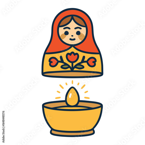Illustration of a traditional Russian matryoshka doll with a lit candle, symbolizing spirituality and cultural heritage.