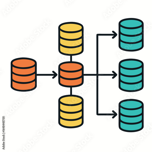 A vibrant illustration of colorful database cylinders syncing and transferring data in a dynamic graphic design.