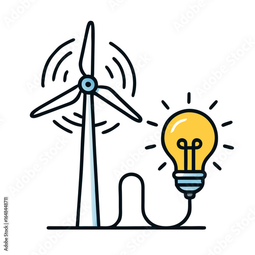 Wind turbine generating electricity with a glowing light bulb on a white background