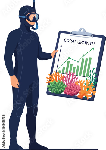 Diver Presenting Coral Growth Data with Colorful Coral Specimens.