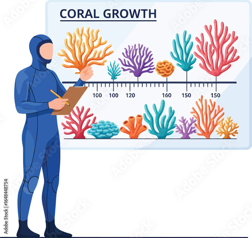 Diver Observing Coral Growth Chart with Various Coral Specimens.