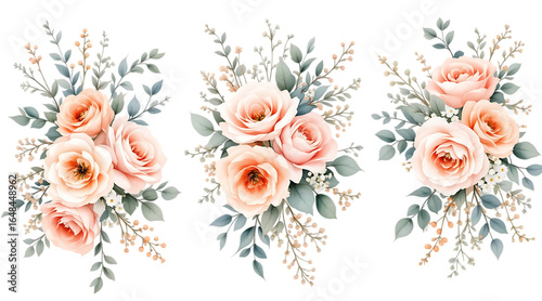 Fototapeta Naklejka Na Ścianę i Meble -  Watercolor floral arrangements with peach roses and green leaves Isolated on transparent background