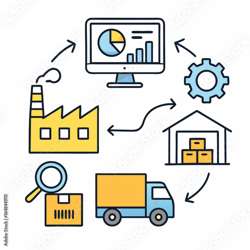 Logistics and supply chain management process with industrial icons