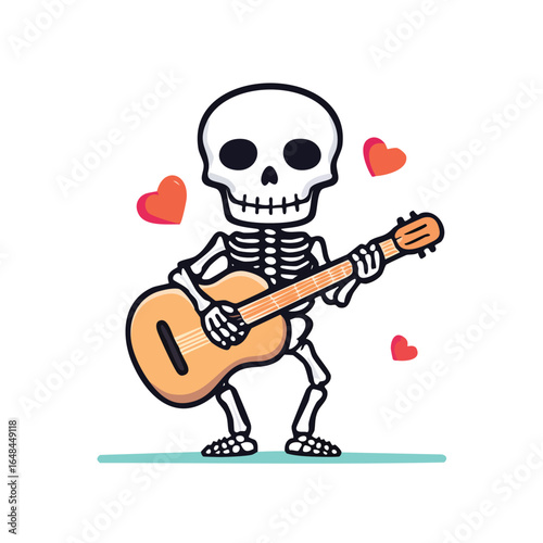 A cute cartoon skeleton character playing a guitar with hearts, a joyful illustration.