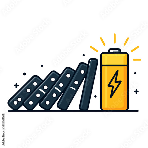 Battery powered dominoes falling in a chain reaction with a lightning bolt symbol on the battery representing energy and ideas
