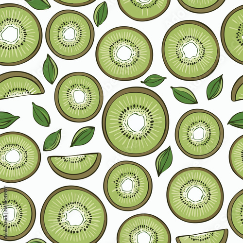 Seamless pattern featuring sliced kiwis and green leaves on a white background.