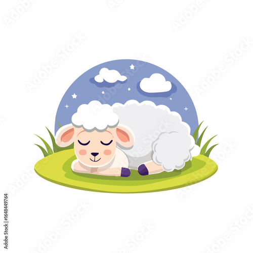 A cute cartoon sheep is sleeping peacefully on a patch of green grass under a starry night sky.