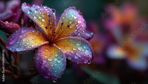 Macro shot of a vibrant flower with dew drops, showcasing iridescent colors and intricate details.
