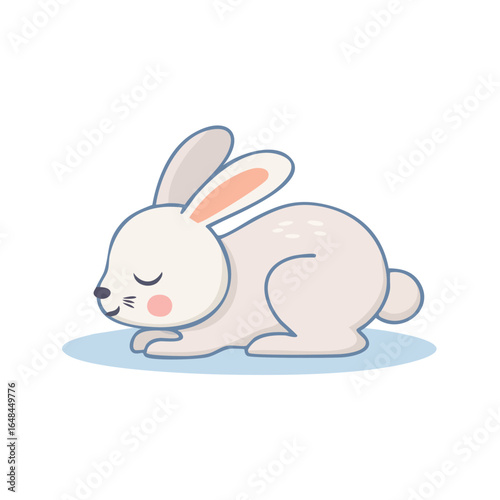 A cute, white rabbit with closed eyes, resting peacefully on a light blue surface.