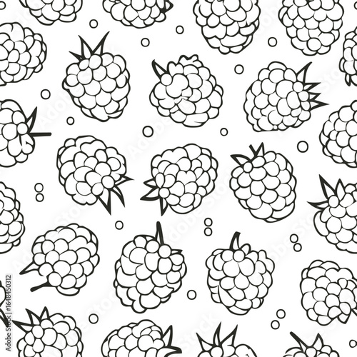 Black and white seamless pattern of hand-drawn raspberries on a white background.