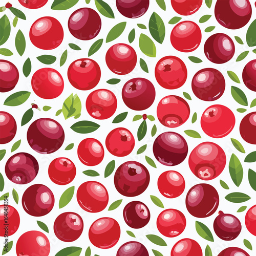 Vibrant illustration of a seamless pattern featuring red cranberries and green leaves on white.