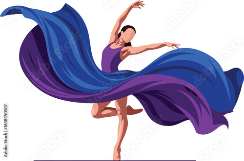 Graceful ballerina in flowing blue and purple fabric dynamic pose.
