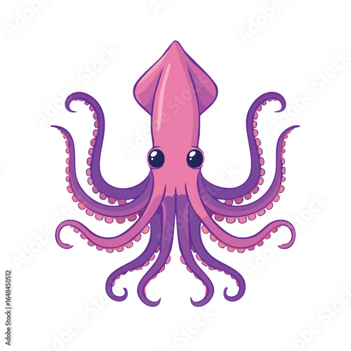 Cartoon illustration of a vibrant pink and purple squid with detailed tentacles and large eyes.