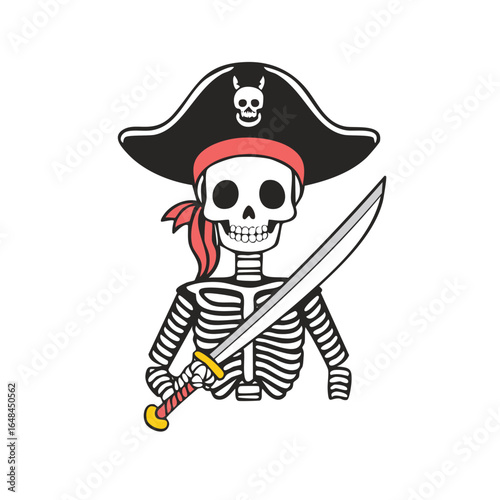 Cartoon illustration of a pirate skeleton wearing a hat and holding a sword.