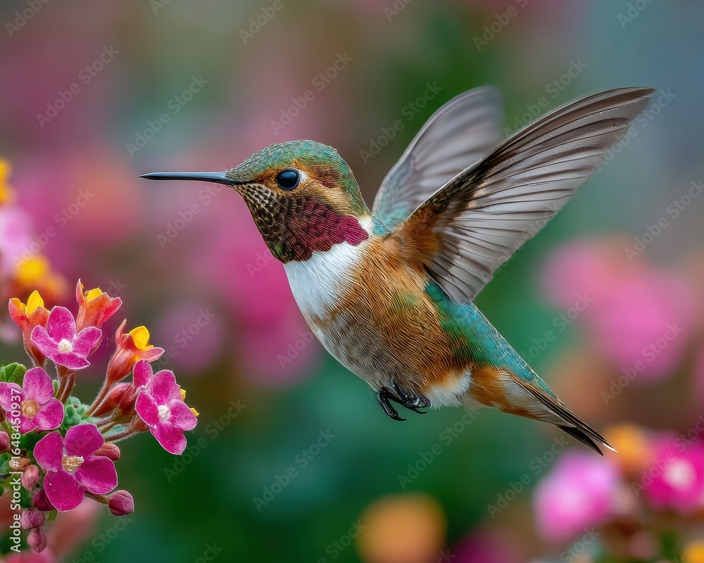 Fototapeta premium National Hummingbird Day Ruby-Throated Hummingbird Hovering over Penta Flowers Summer Vibrant Garden Scene for Millennial Social Media Advertising