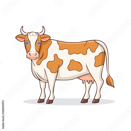 A detailed illustration of a brown and white spotted cow standing on a white background.