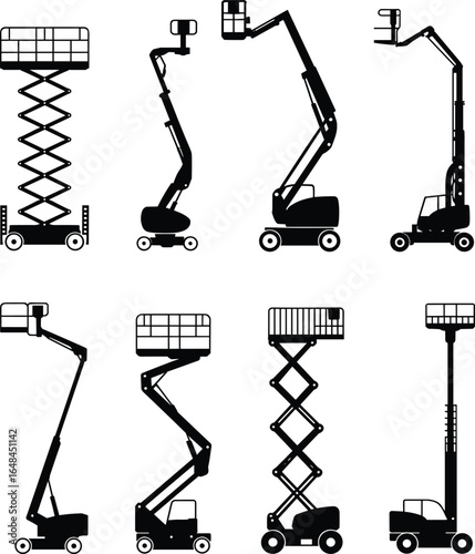 Collection of boom lift, scissor lift, and aerial platform vector icons in black silhouette style for construction, industrial, and maintenance equipment design use.