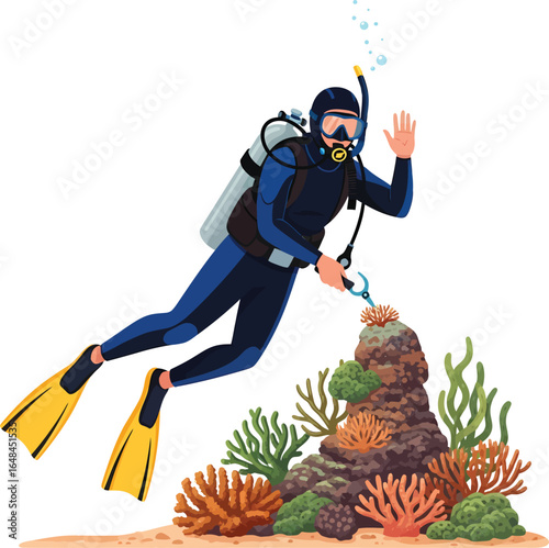 Scuba Diver Waving Hello Near Colorful Coral Reef.