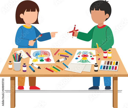 Two children engaged in creative art activities at a table with art supplies.