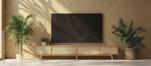 Perspective view on dark blank TV screen with place for your text or logo on wooden wall in stylish living room with vintage TV stand and green plant on light floor. 3D rendering, mockup