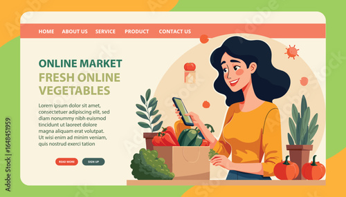 Fresh Online Vegetables Marketplace: A vibrant illustration of a woman engaged in online shopping, surrounded by fresh vegetables, signifying the ease and convenience of a digital produce market.