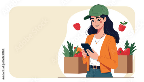 Freshness Delivered: A modern, illustration captures a delivery of groceries, showcasing a woman in a cap with a smartphone in hand, surrounded by crates filled with vibrant fruits and vegetables.