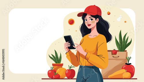 Order Fulfillment: A vibrant depiction of a woman managing an online order, using her smartphone to expertly oversee the selection of fresh produce and home essentials for a seamless delivery process.