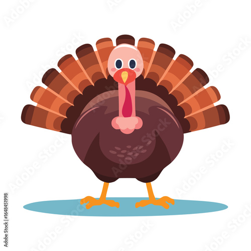 A colorful cartoon illustration of a turkey with its feathers spread out, ready for Thanksgiving.