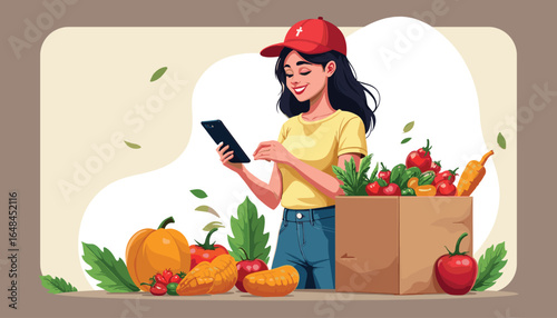 Digital Harvest: A cheerful woman, in a red cap, reviews orders for farm-fresh produce beside a bounty of fruits and vegetables, signifying modern convenience and healthy eating.
