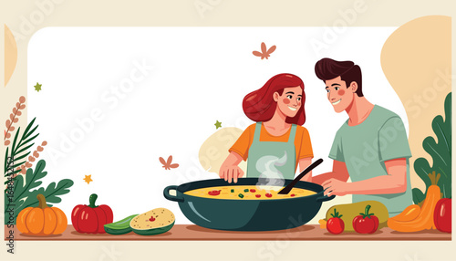 Cooking couple moment: A man and woman share a moment of connection as they prepare a delicious meal, the aroma of culinary creativity fills the air, creating a warm atmosphere.