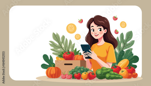 Online Grocery Shopping: A cartoon-style illustration of a woman joyfully using a smartphone to shop for fresh, organic fruits and vegetables.