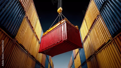 Red shipping container lifting by crane