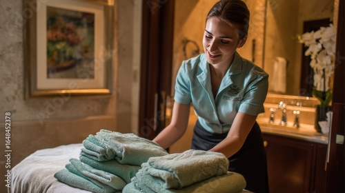 Hotel staff folding towels in a luxury spa environment