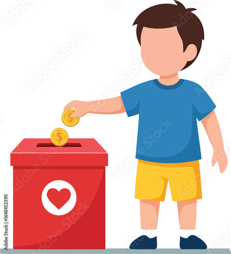 Young boy donating coins into a red charity box with a heart.