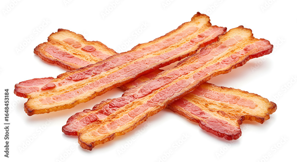 Crispy fried bacon strips isolated on white background, ready to be enjoyed Crispy fried bacon strips isolated on white background, ready to be enjoyed