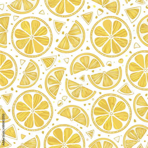 Seamless pattern of sliced lemons and wedges on a white background, a vibrant design.
