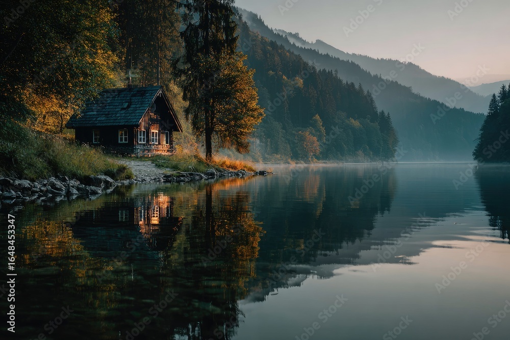 Fototapeta premium Rustic wooden cabin nestled by a serene lake with misty mountains in the background