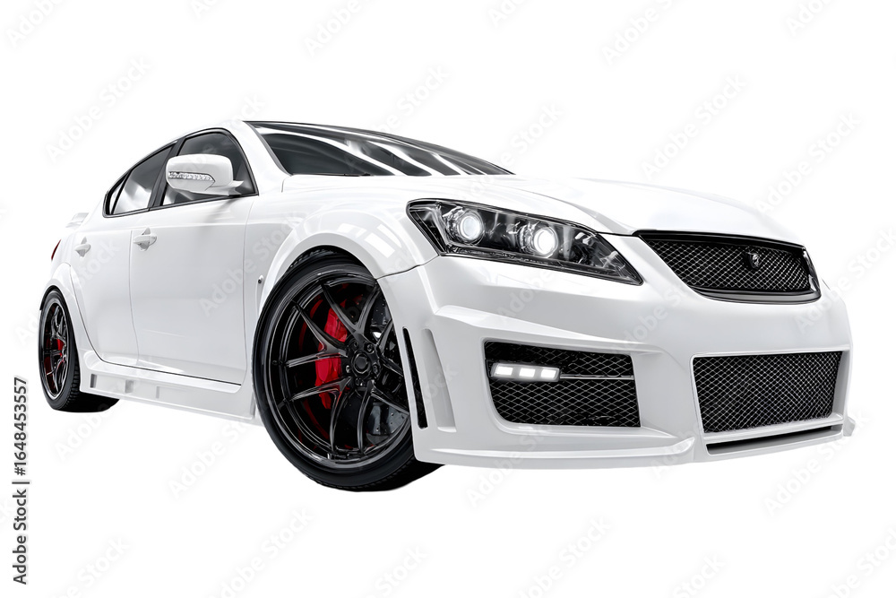 Fototapeta premium Sleek white modified sedan showcases custom body kit against a transparent backdrop