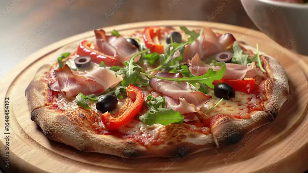 A freshly baked pizza topped with prosciutto, olives, and vegetables, being garnished in a cozy kitchen A freshly baked pizza topped with prosciutto, olives, and vegetables, being garnished in a cozy kitchen
