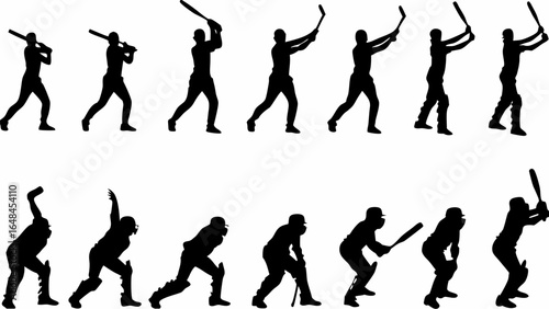 Silhouettes of cricket players in various batting stances against a white background showing action shots
