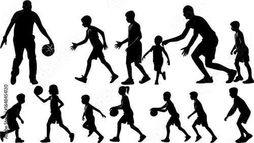 Silhouette illustration of a group of people playing basketball and practicing dribbling skills on a white background