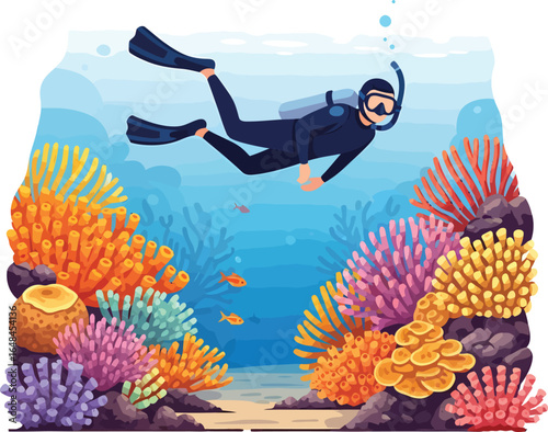 A Diver Explores a Vibrant Coral Reef Ecosystem.