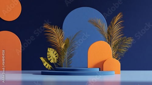 Abstract 3D scene with vibrant colors and tropical foliage.  A multi-level platform in shades of blue and orange, decorated with palm and monstera leaves, sits against a dark navy background.  