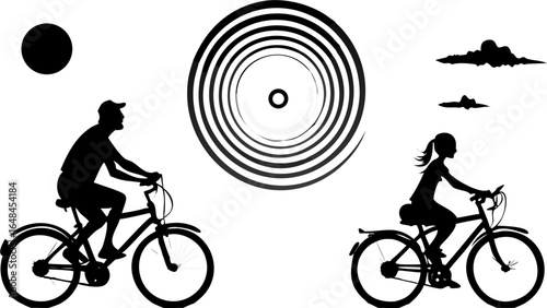 Silhouetted cyclists ride beneath a spiral and clouds on a white background with a black circle sunlike shape