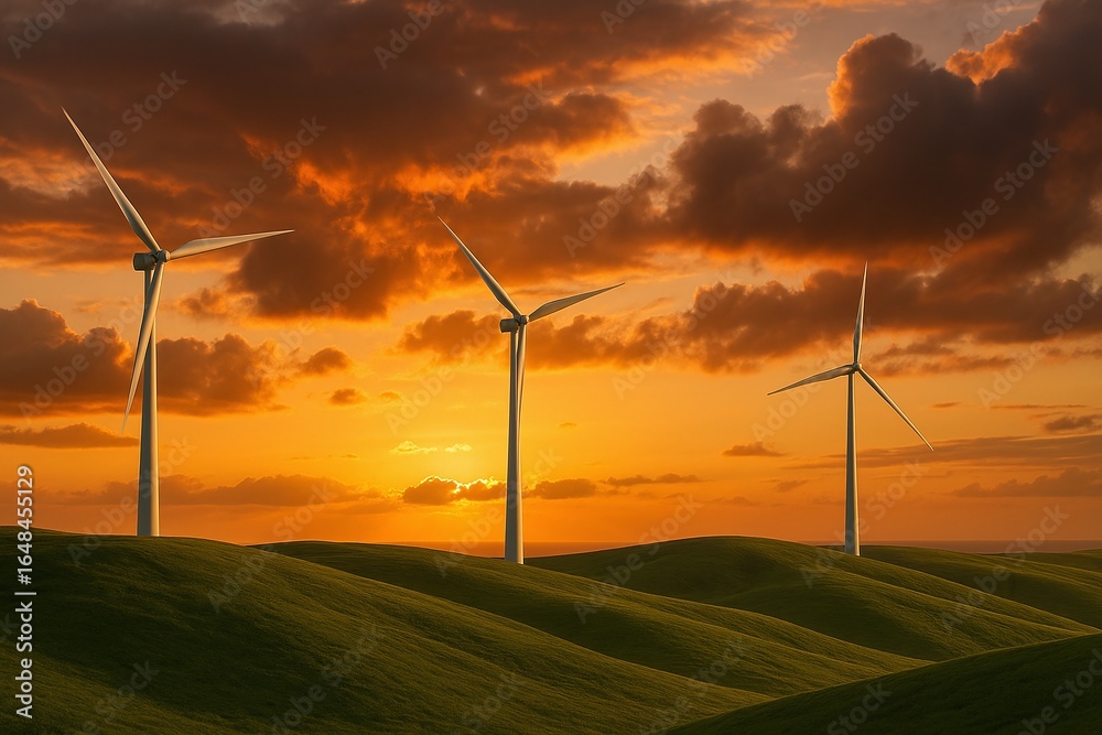 Obraz premium Serene Wind Turbines on Rolling Hills at Sunset