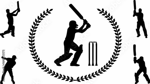 Silhouetted cricket players in various poses with wicket and laurel wreath in a black and white design