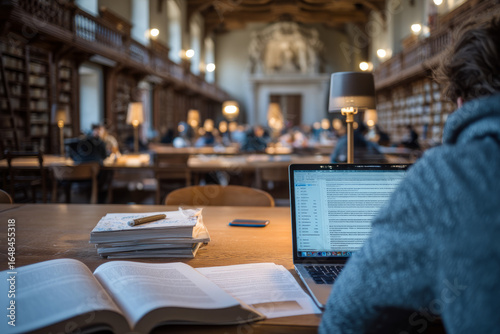 A university study room with open books and laptops A student uses AI to plan assignments and study sessions The mood feels balanced and steady
