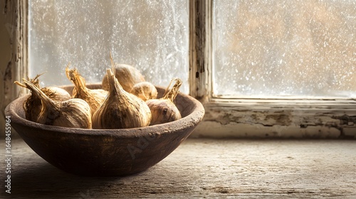 Aged wooden bowl filled with garlic bulbs on a windowsill.